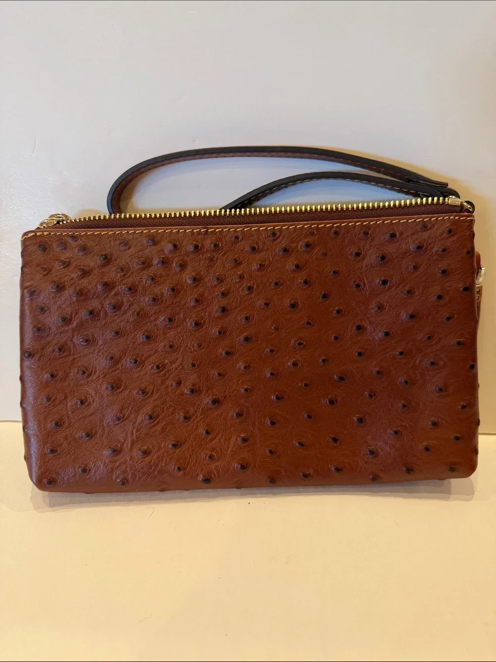 Dooney & Bourke Chestnut Brown Ostrich-Embossed Leather Wristlet